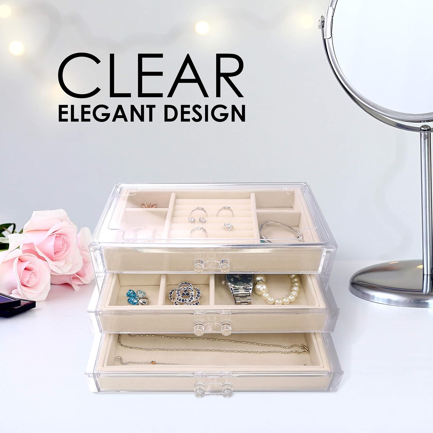Acrylic Jewelry Organizer Box Women – 3 Drawers Clear Storage Case for Girls – Bracelet, Necklace & Ring Holder with Velvet Lining by Simple Goods: Home Improvement