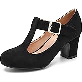 Women's T-Strap Mary Jane Pumps Low Block Chunky Heels Closed Round Toe Ankle Strap Wedding Evening Party Dress Office Work Shoes