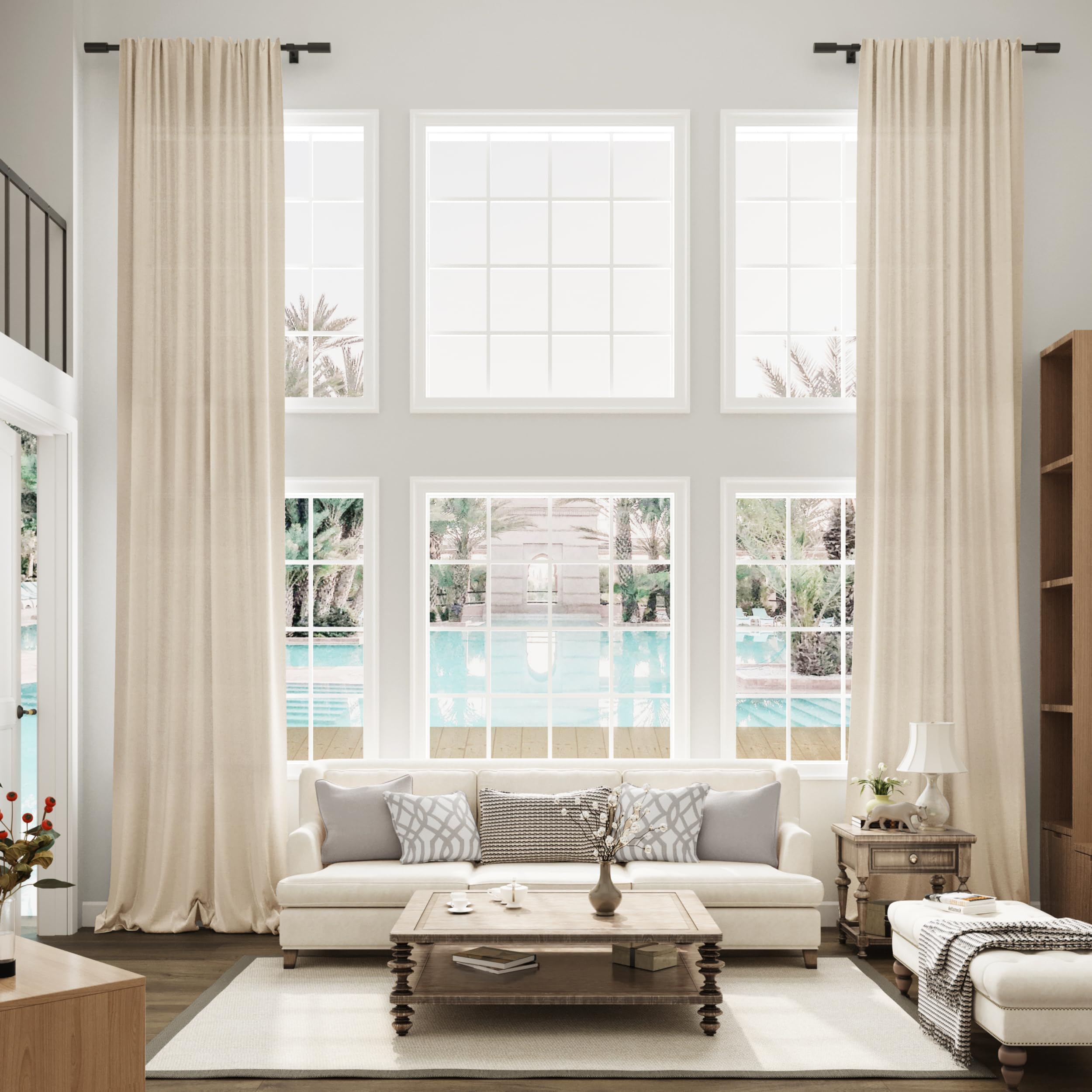 Photo 1 of Guken Beige 168 Inch Linen Curtains for High Living Room Bedroom Rod Pocket Modern Boho Neutral Light Filtering Semi Sheer Extra Long Linen Drape Curtain for 2 Story Large Window 1 Panel, W52xL168