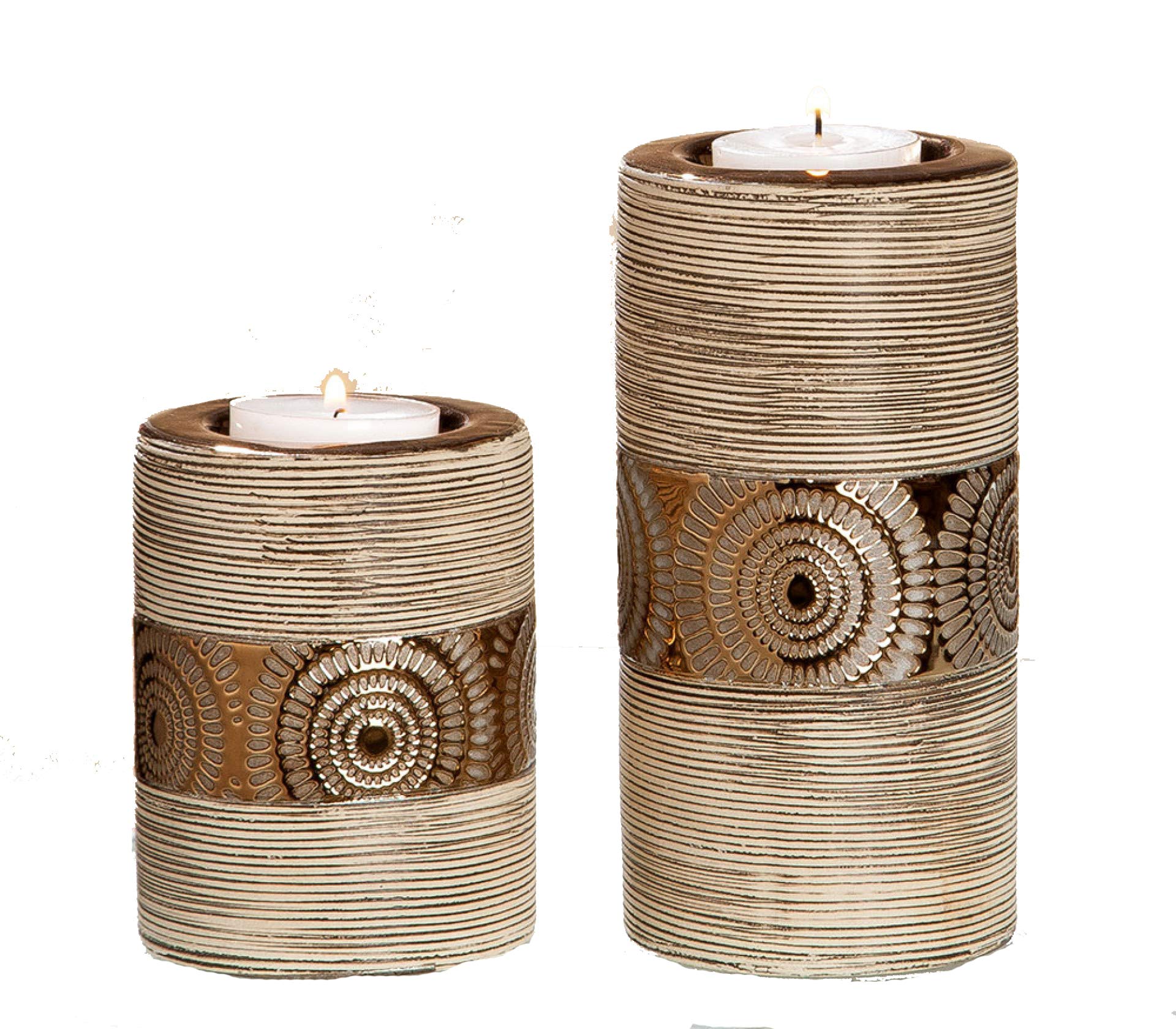 Set of 2 Brown Mandalas Ceramic Candle Holders 7.5x7.5x10cm and 7.5x7.5x15cm