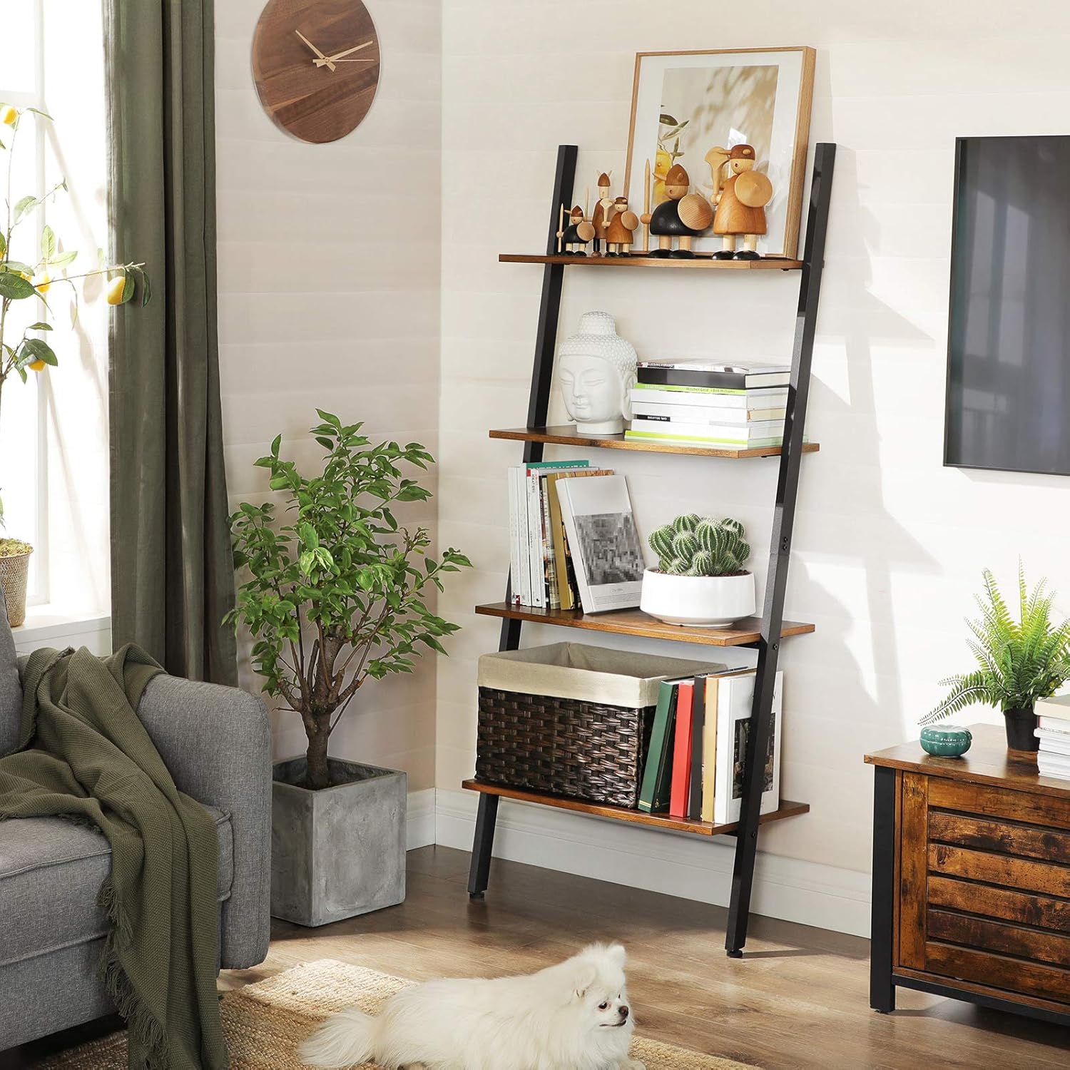 VASAGLE Industrial Ladder Shelf, 4-Tier Bookshelf, Storage Rack Shelves, for Living Room, Kitchen, Office, Iron, Stable, Sloping, Leaning Against The Wall, Rustic Brown ULLS43BX: Home & Kitchen