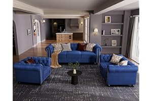 Morden Fort 3 Piece Classic Chesterfield 6-Seater Set, Tufted Chair & Loveseat & Sofa Solid Wood Legs Thick Cushion, Pet-Friendly Couch Set Furniture for Living Room Bedroom Apartment, Velvet Blue