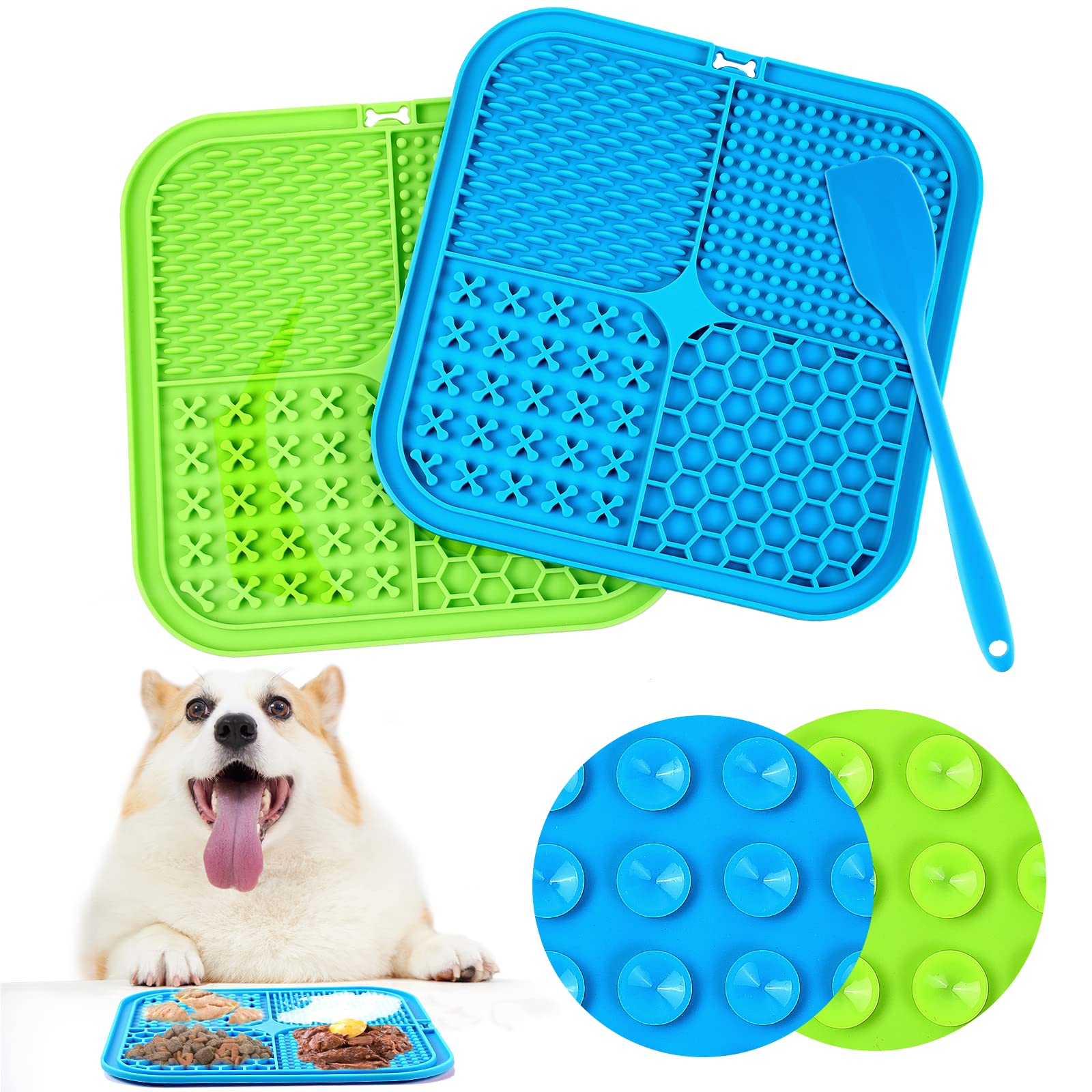 Romon 2 x 20 cm Dog Licking Mat with 1 Silicone Spatula, BPA-Free with Suction Cup for Bathing, Training, Grooming (Blue+Green)