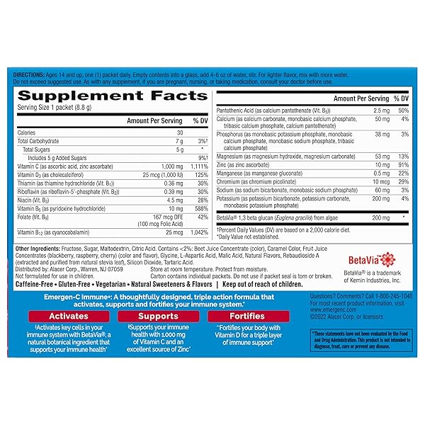 EMERGEN-C IMMUNE+ TRIPLE ACTION IMMUNE SUPPORT POWDER, BETAVIA (R), 1000MG VITAMIN C, B VITAMINS, VITAMIN D AND ANTIOXIDANTS, RASPBERRY, BACK TO SCHOOL ESSENTIALS – 30 COUNT