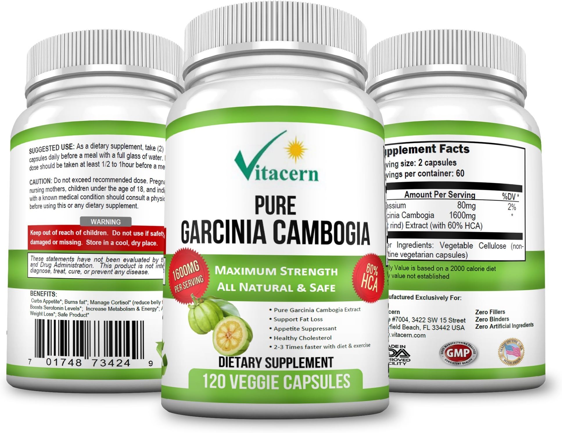 Pure Garcinia Cambogia Extract 1600mg with 60% HCA (120 Premium Capsules / 2 Month Supply) NO Added Calcium!