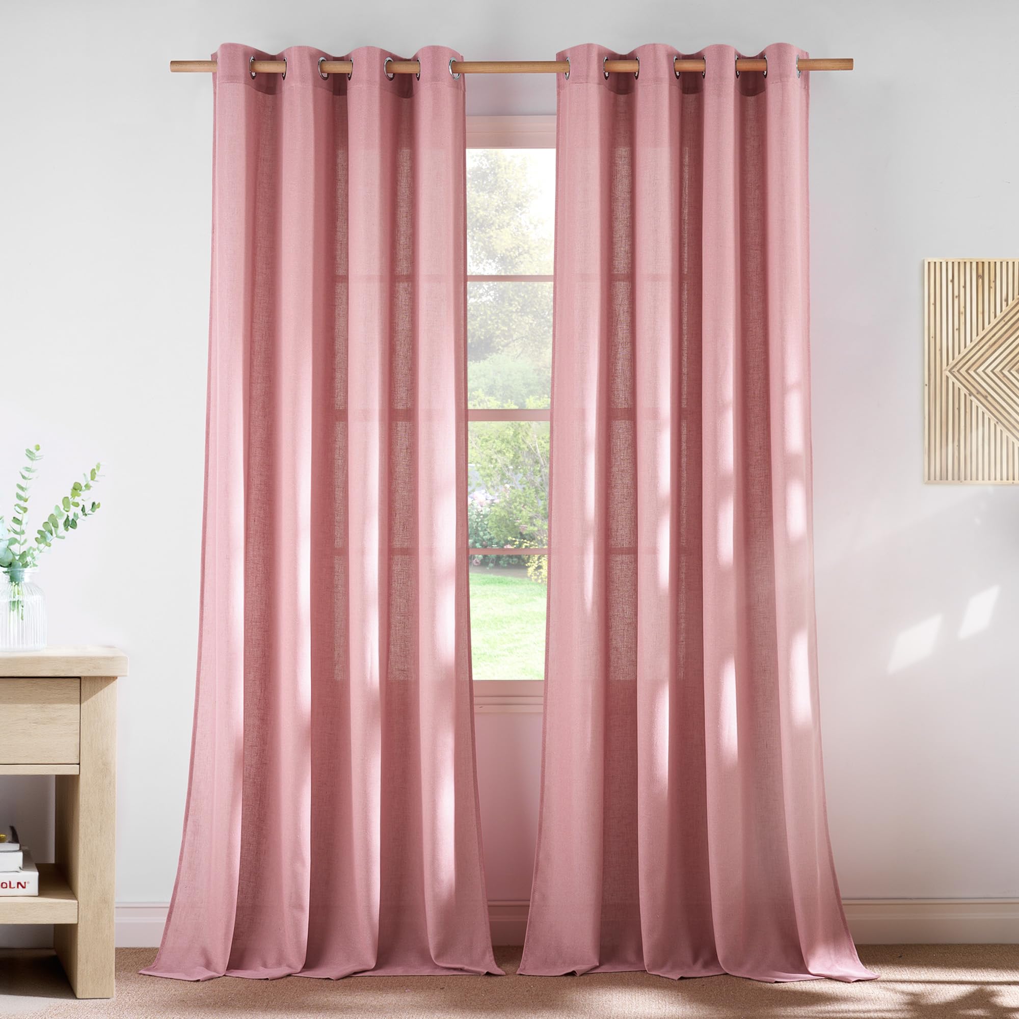 NICETOWN Thick Linen Pink Curtains for Girls Room 96 inches Long, Grommet Flax Linen Privacy Added with Light Filtering Window Treatments for Bedroom, W55 x L96, 2 Panels Image