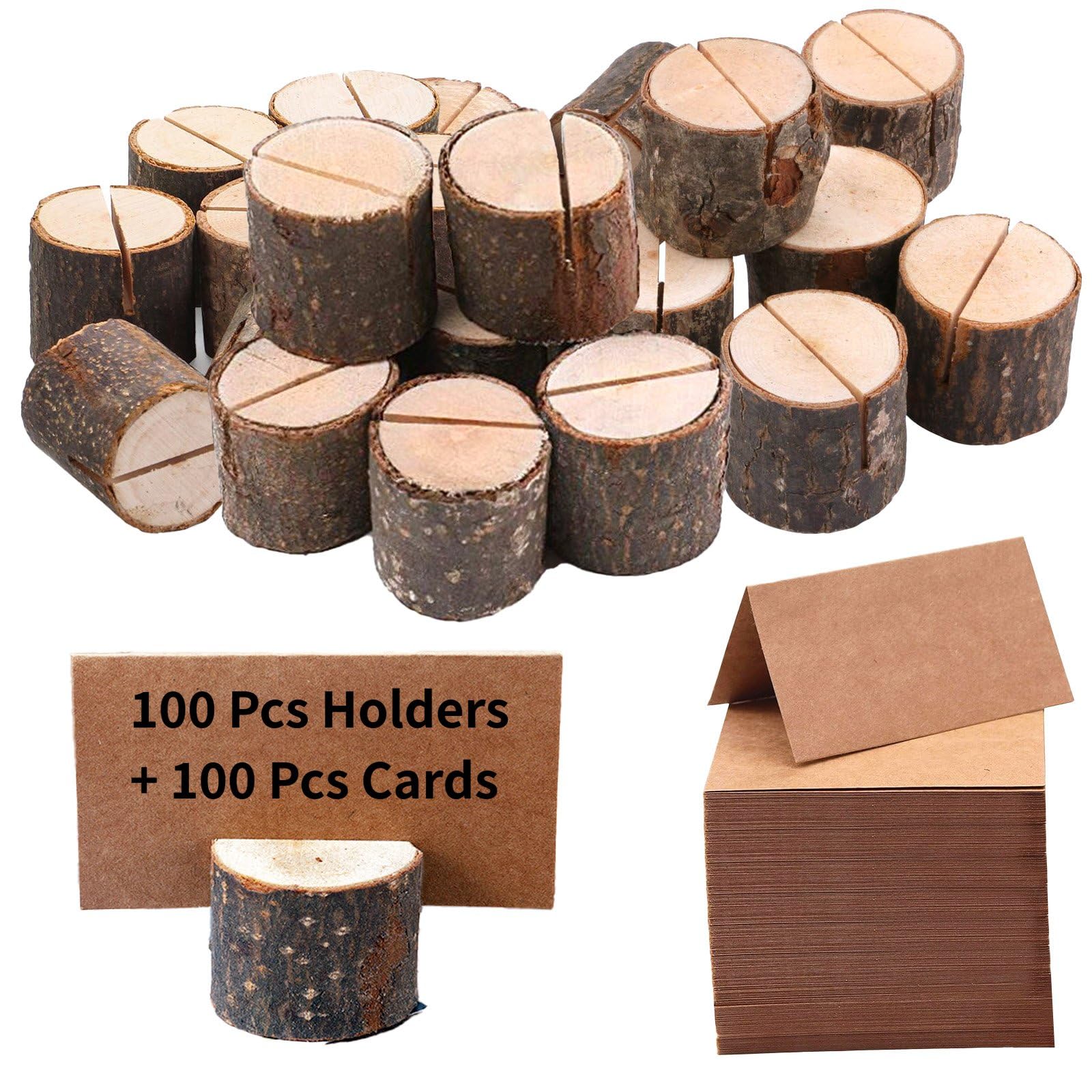 Photo 1 of PLAZOTTA 100 Pack Rustic Wooden Place Card Holders with 100 Kraft Cards, Table Number Holder, Photo Display Stand, Memo Card, Food Label Holder for Wedding, Party, Craft