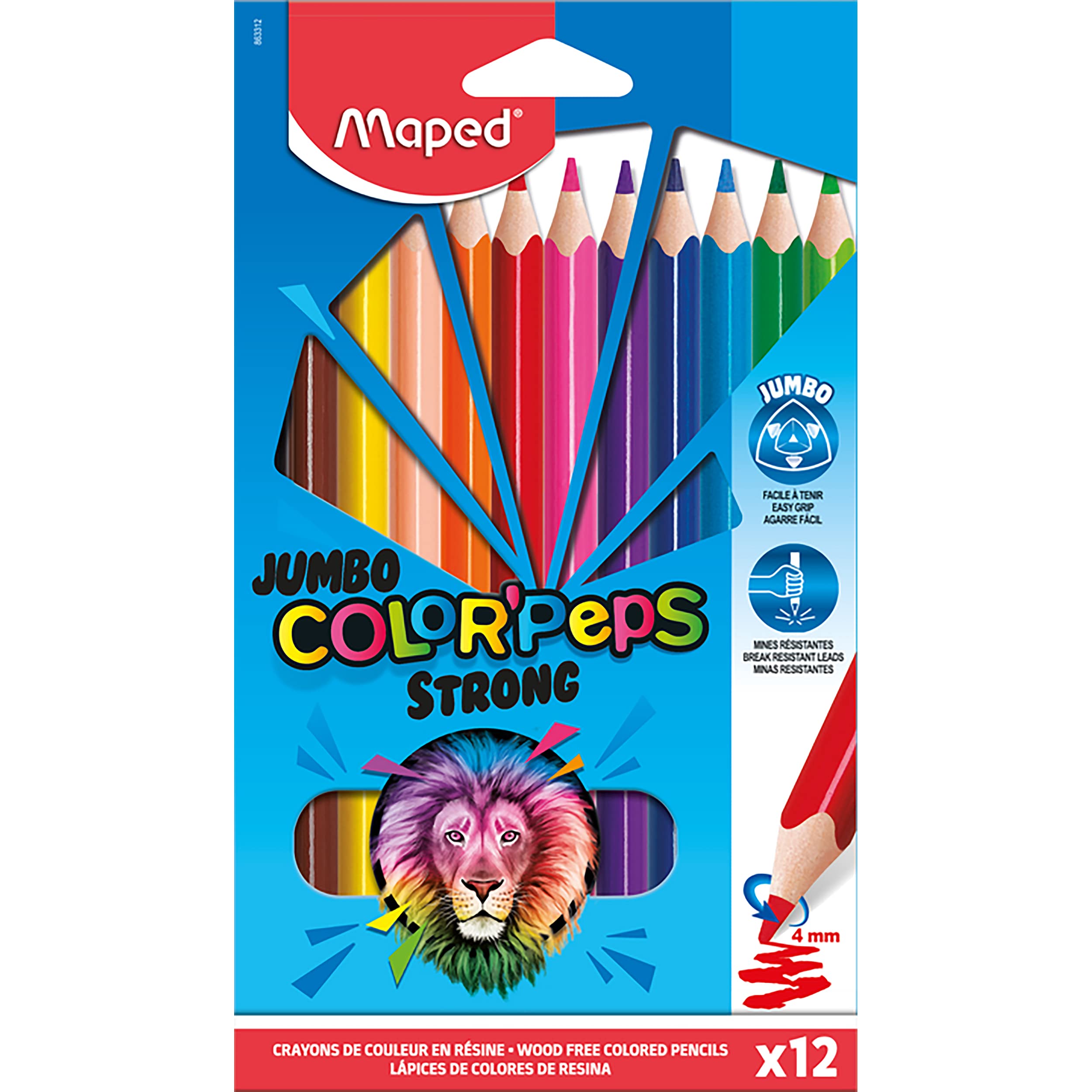 Maped - Ergonomic Triangular Colouring Pencils, Colour'Peps Strong Jumbo - Particularly Stable Lead Diameter 4 mm - 12 x Pens