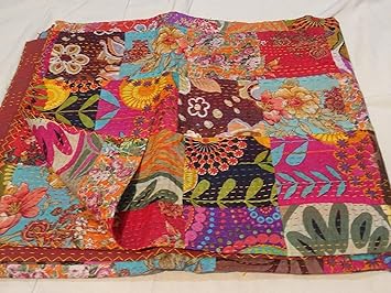 SUKHAM Handmade Cotton Bedspread Queen Size Kantha Stitch Indian Bed Cover Reversible Throw Quilt