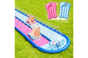 jooeer 20 Ft Water Lane Slip Slides with 2 Body Boards, Double Racing Water Slip and Slide with Sprinkler, Summer Water Lawn Slides Toys Games Play for Outdoor Backyard Garden