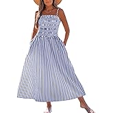 Benfoly Striped Dress for Women Sleeveless Spaghetti Strap Maxi Dress Summer Vacation Beach Dresses Long Dress with Pockets