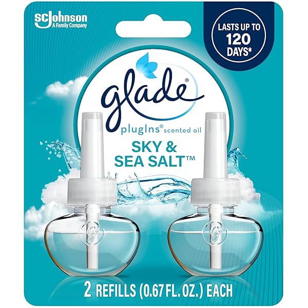 GLADE PLUGINS REFILLS AIR FRESHENER, SCENTED AND ESSENTIAL OILS FOR HOME AND BATHROOM, SKY & SEA SALT, 1.34 FL OZ, 2 COUNT