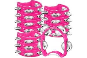 Lukmaa 12 Pcs Plastic Percussion Tambourine with 4 Bells Rhythm Musical Instruments for Adults Hand Tambourine Hand Held Percussion Drum for Party Kindergarten Family School Supplies (Pink)