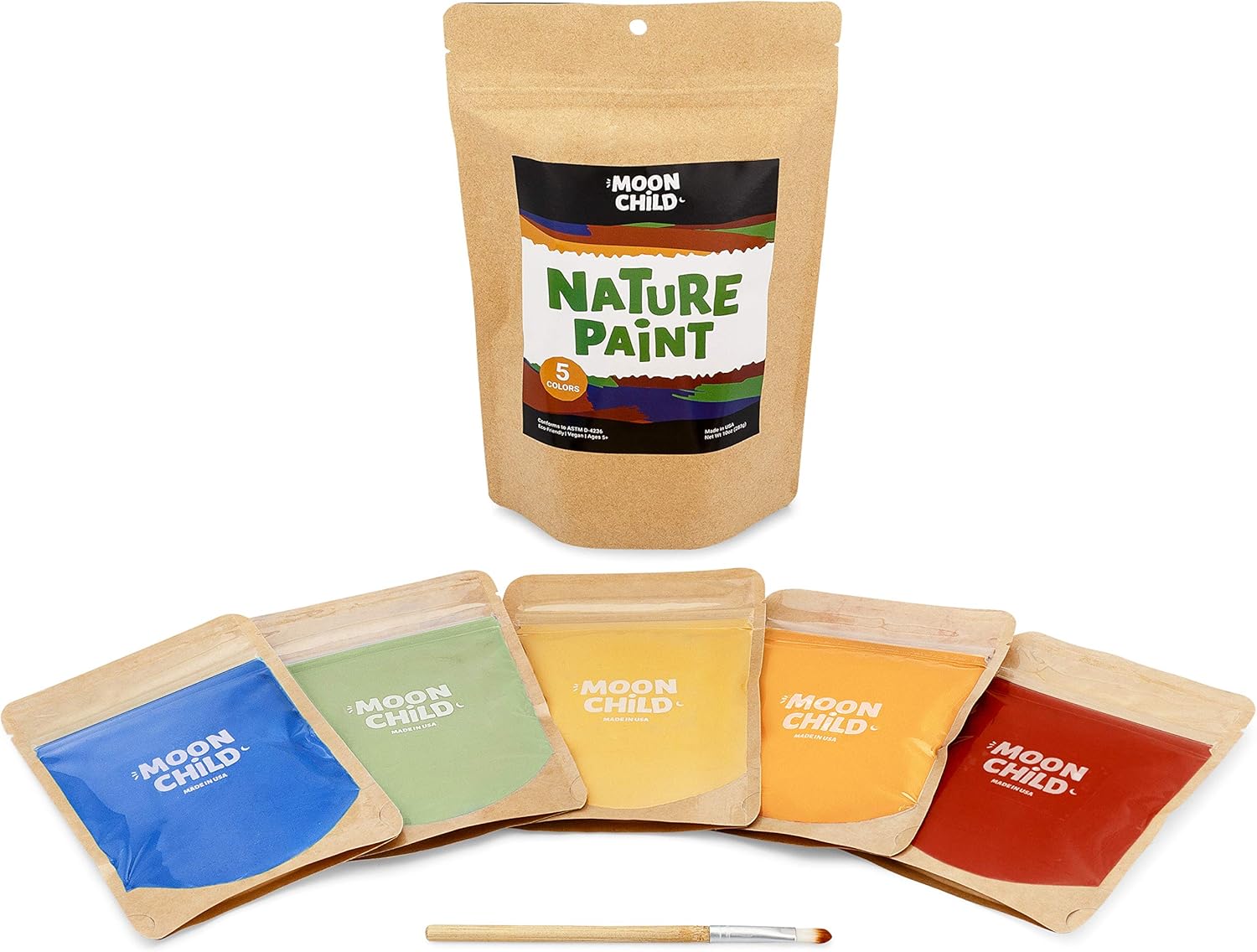 Moon Child Nature Paint Natural Painting Powders with Brush, 5 Color Set, Quick Dissolve Water-Based Paints for DIY Arts, Crafts, Fingerpainting or Watercolor Fun, Vegan Non-Toxic: Home Improvement