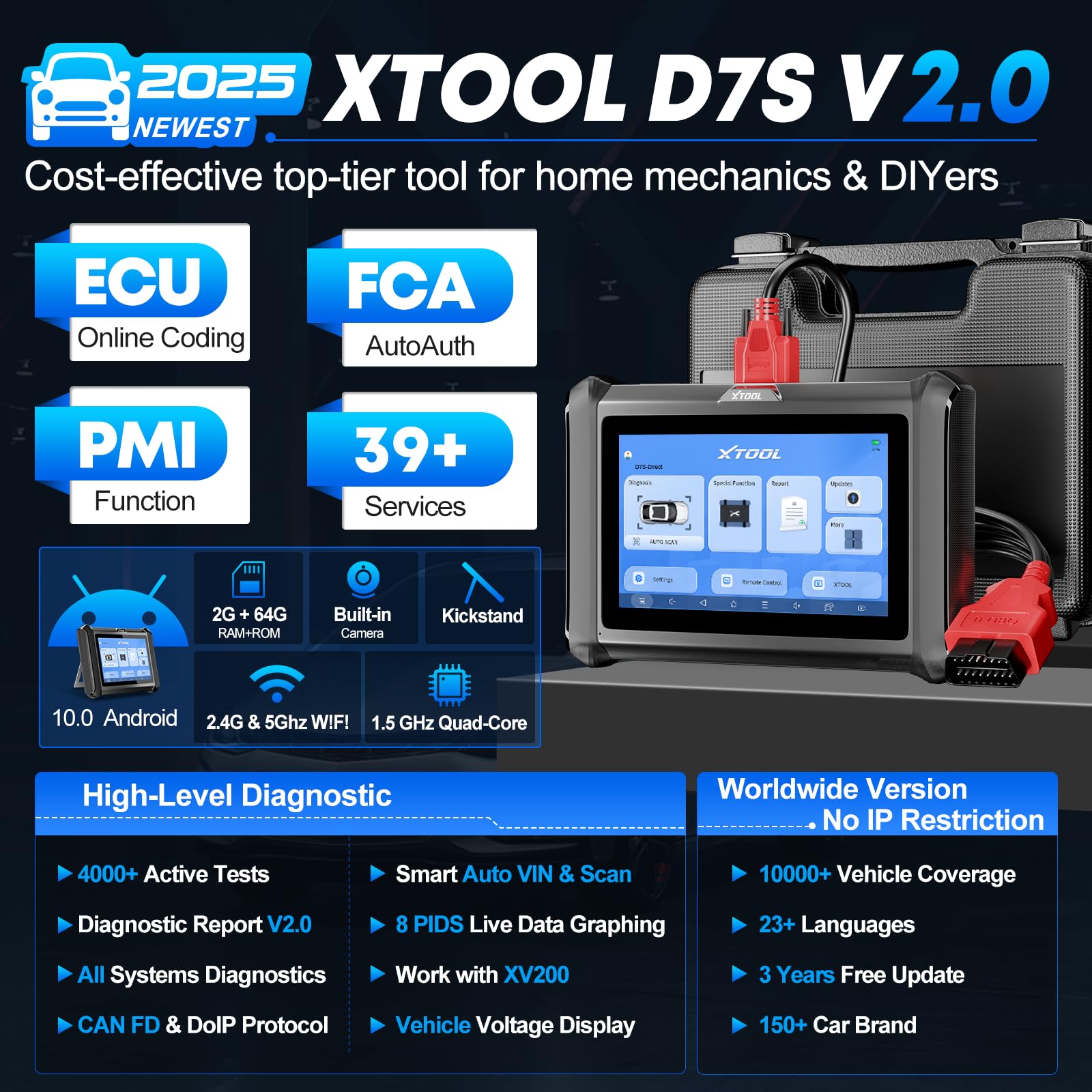 XTOOL D7S Bidirectional Scan Tool, 2025 OBD2 Scanner Diagnostic Tool with FCA AutoAuth, All System Car Scanner, 39+ Resets, ECU Coding, PMI, Upgrade of D7, Crankshaft Relearn, CAN FD/DoIP, 3-Yr Update