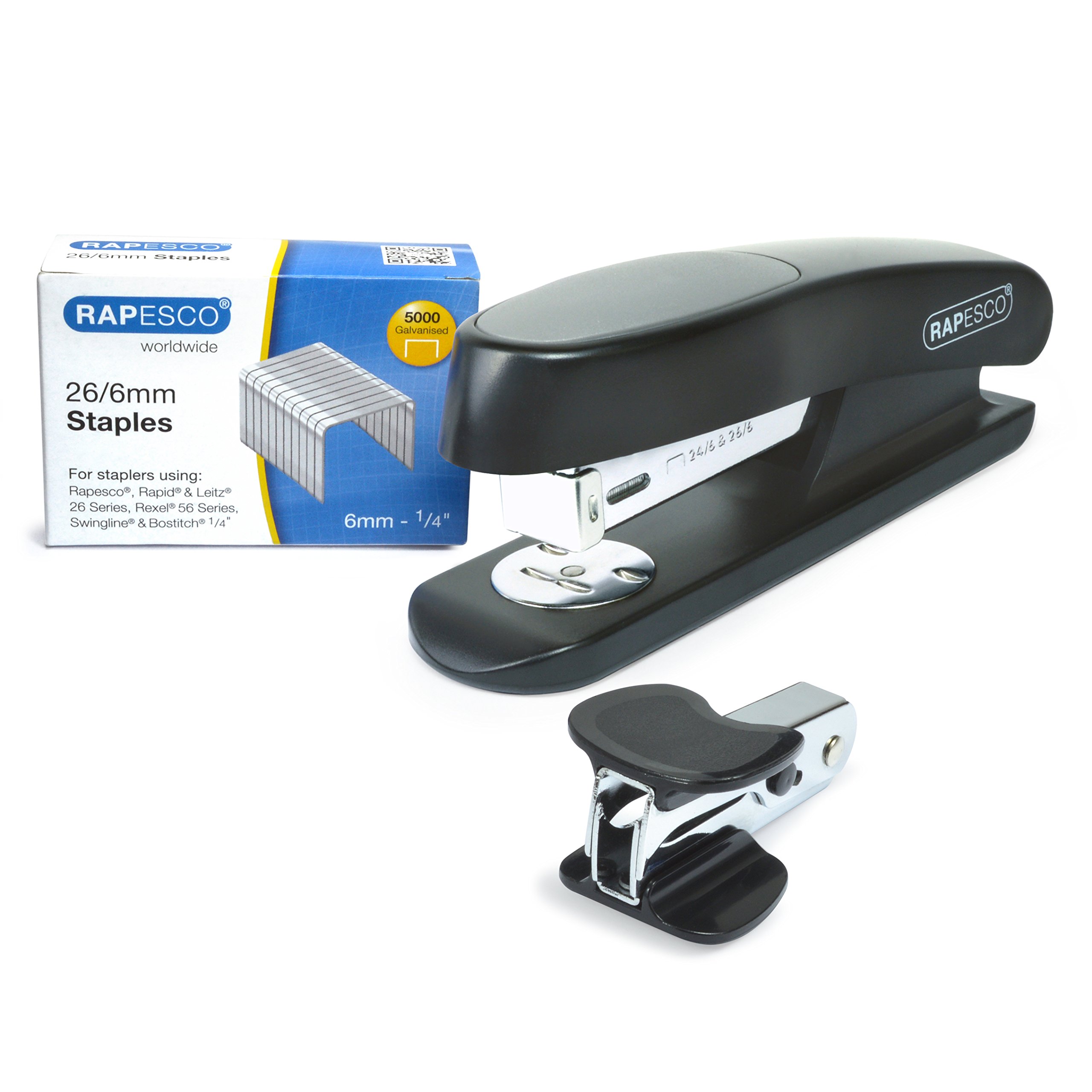 Rapesco 1472 ECO Sting Ray Stapler, R4 Staple Remover and 5000 x 26/6 mm Staples, 20 Sheet Capacity, Antibacterial Protection, Black