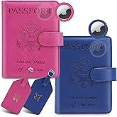 LOBIUTIYA 2 Pack Passport Holder For Travel with Slot for AirTag & Luggage Tag Cover – RFID Blocking Passport Holder for Travel Women/Men | PU Leather Passport Case with Pocket, Blue/Pink