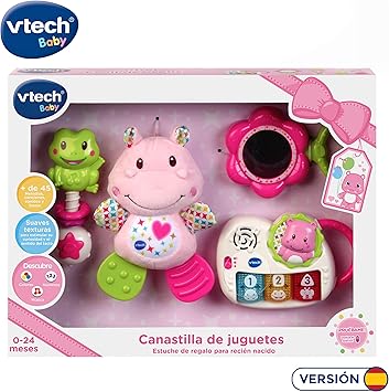 VTech - Canastilla de juguetes, estuche de regalo para bebé recién nacido que incluye peluche mordedor, sonajero, piano interactivo y espejo de seguridad, color rosa (80-522057): Amazon.es: Juguetes y juegos