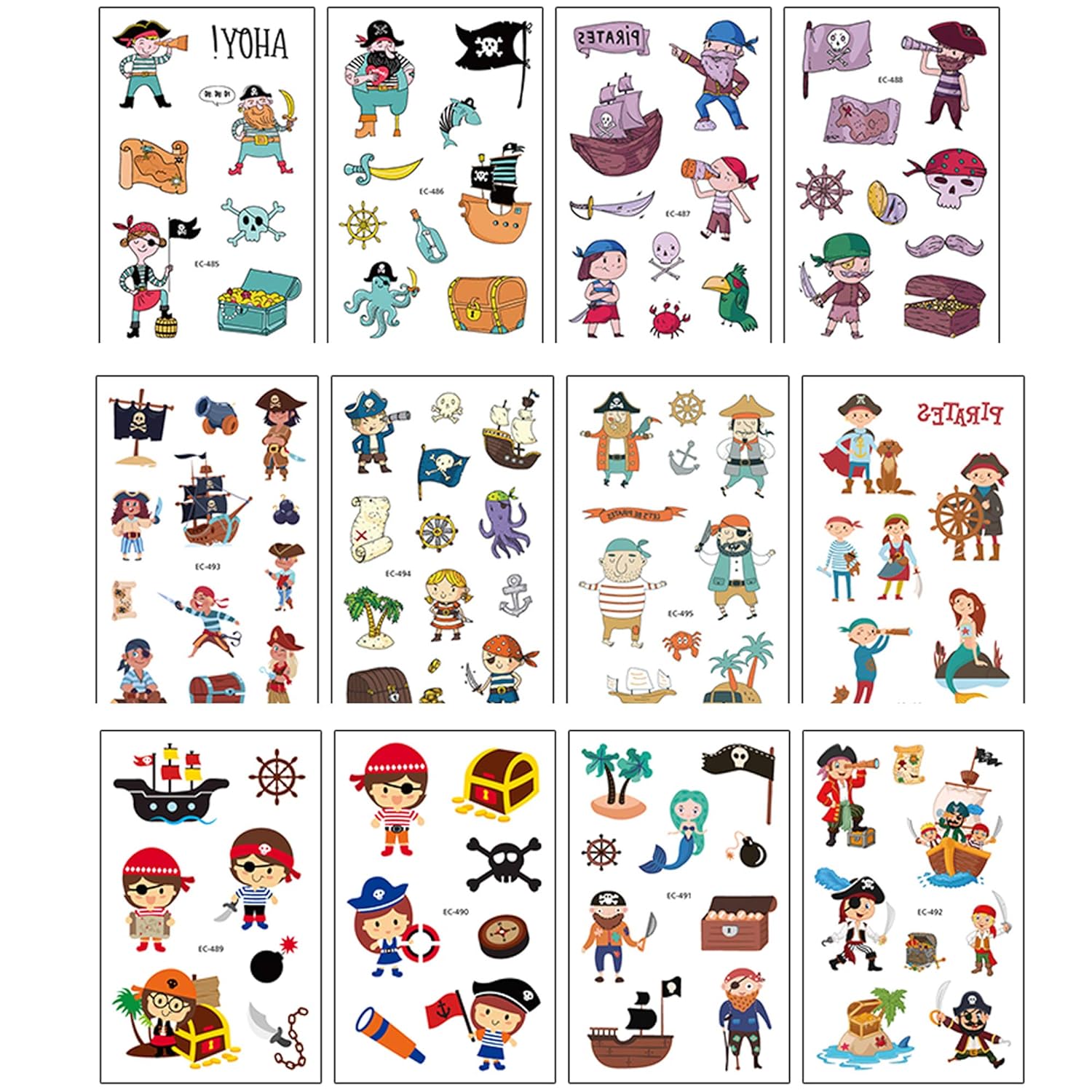 12 Sheets Pirate Temporary Tattoos, Fake Pirate Tattoo Face Body Stickers, Party Bag Filler Children's Birthday Gift Pirate Themed Party Supplies Favors for Girls Boys Kids