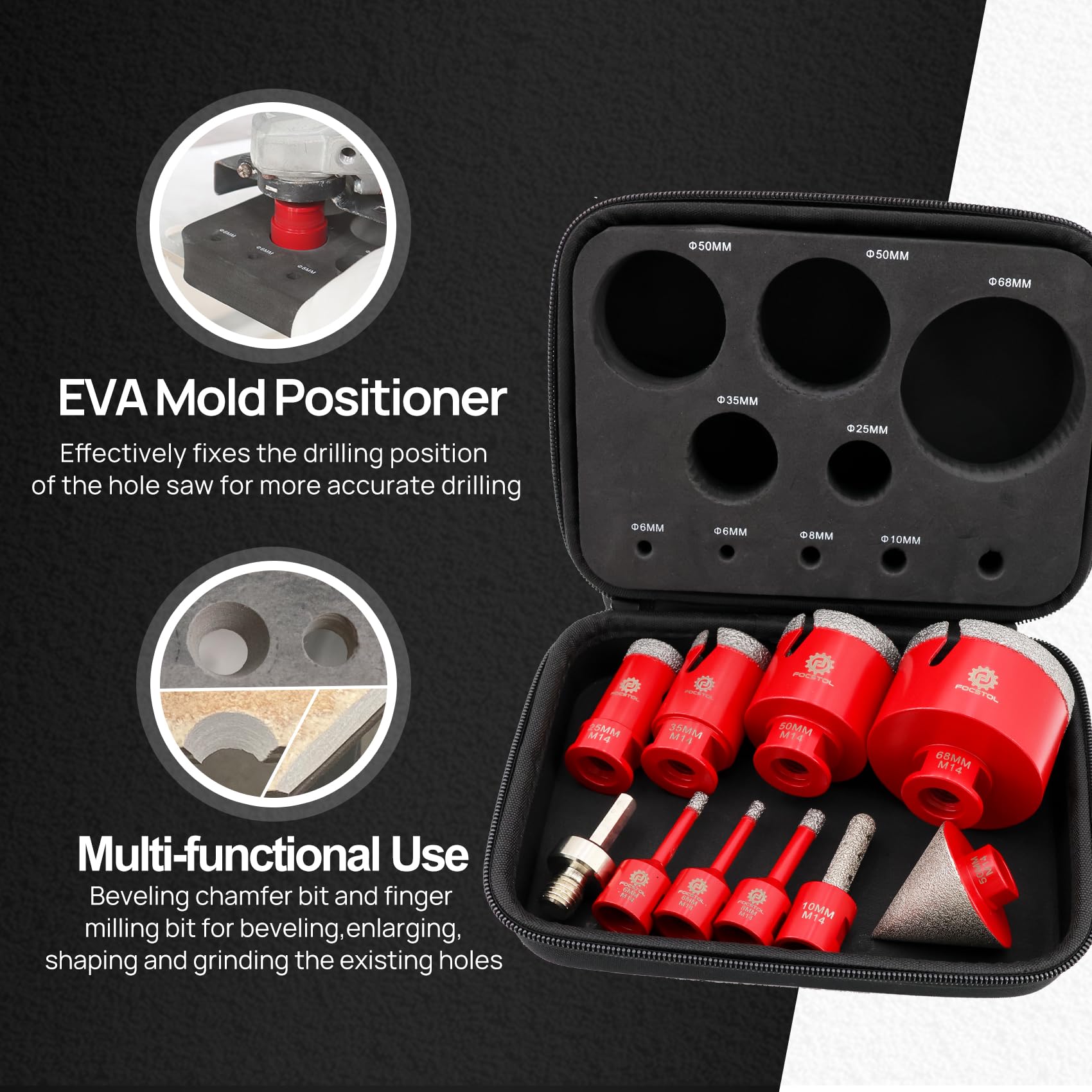 FOCSTOL Diamant Fliesenbohrer Set - 10 Stück (6/6/8/25/35/50/68mm+10mm Fingerfräser+50mm Fasenbohrer+Adapter) Diamant Lochsäge Set M14 Gewinde für Porzellan Keramik Fliesen Marmor Granit 4