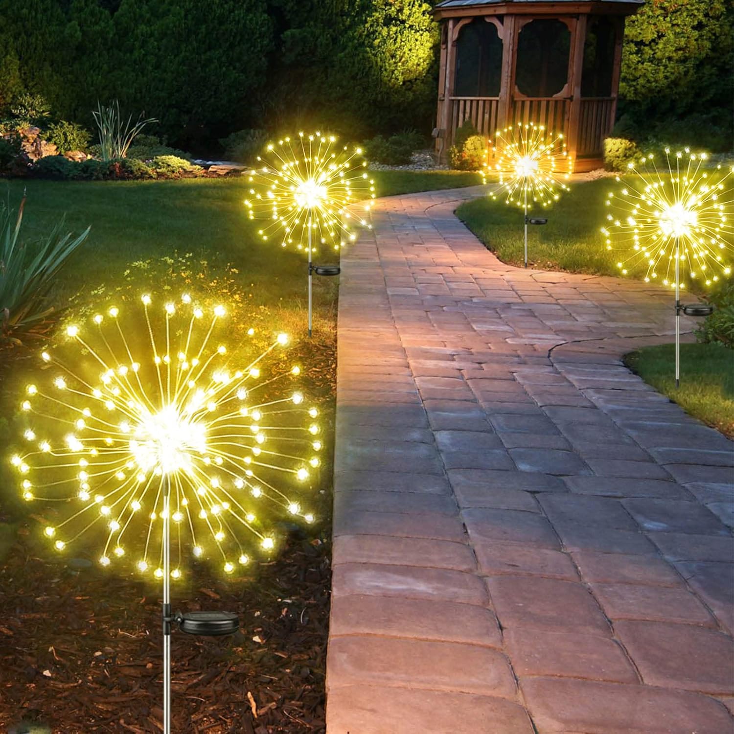 Lighting - 4-Pack Solar Outdoor Lights for Garden Decorations, 360 LED Solar Firework Lights with 2 Lighting Modes, Solar Christmas Lights Waterproof for Outside Pathway Patio Yard Xmas Decorations(Warm White)