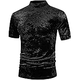 Lars Amadeus Velvet T-Shirts for Men's Short Sleeves Mock Neck Pullover Velour Tee Tops