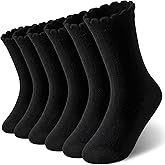 HONGTEYA Girls Ruffle Socks 6 Pairs, Toddler Girls White Crew Ankle Socks for School Uniform Frilly Dress Sock for 4-10Years