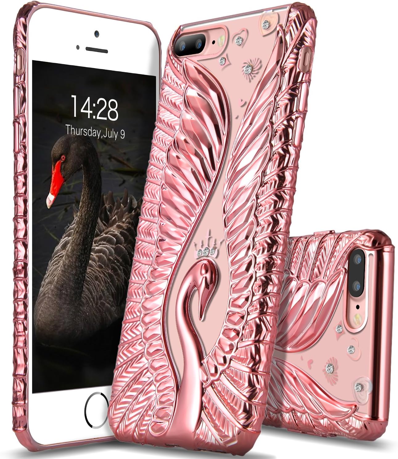 iPhone 8 Plus Case, Sankmi Bling Swan Swing Slim Flexible Soft TPU Rubber Cases Protector for iPhone 7 Plus 5.5 Inches (Rose Gold)