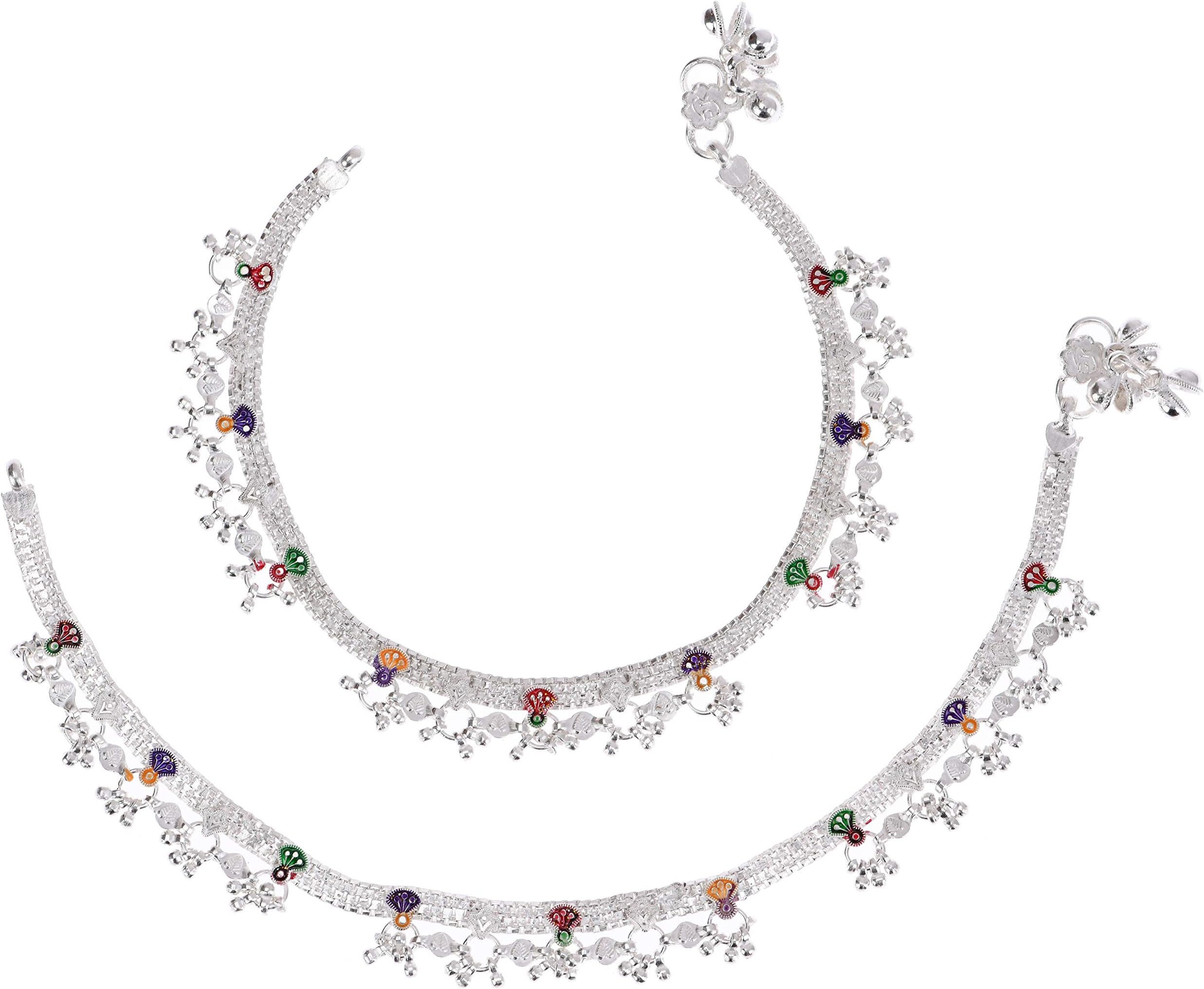 AanyaCentric Indian Traditional Ethnic Fancy Foot Jewelry Silver Plated White Metal Alloy Ghungru Paijan Payals Pajeb Leg Chains Designs Artificial Anklet Pairs for Woman and Girl