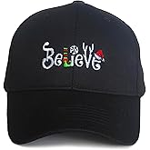 Christmas Believe Baseball Cap for Women Men, Adjustable Embroidered Classic Cotton Snapback Hat Black