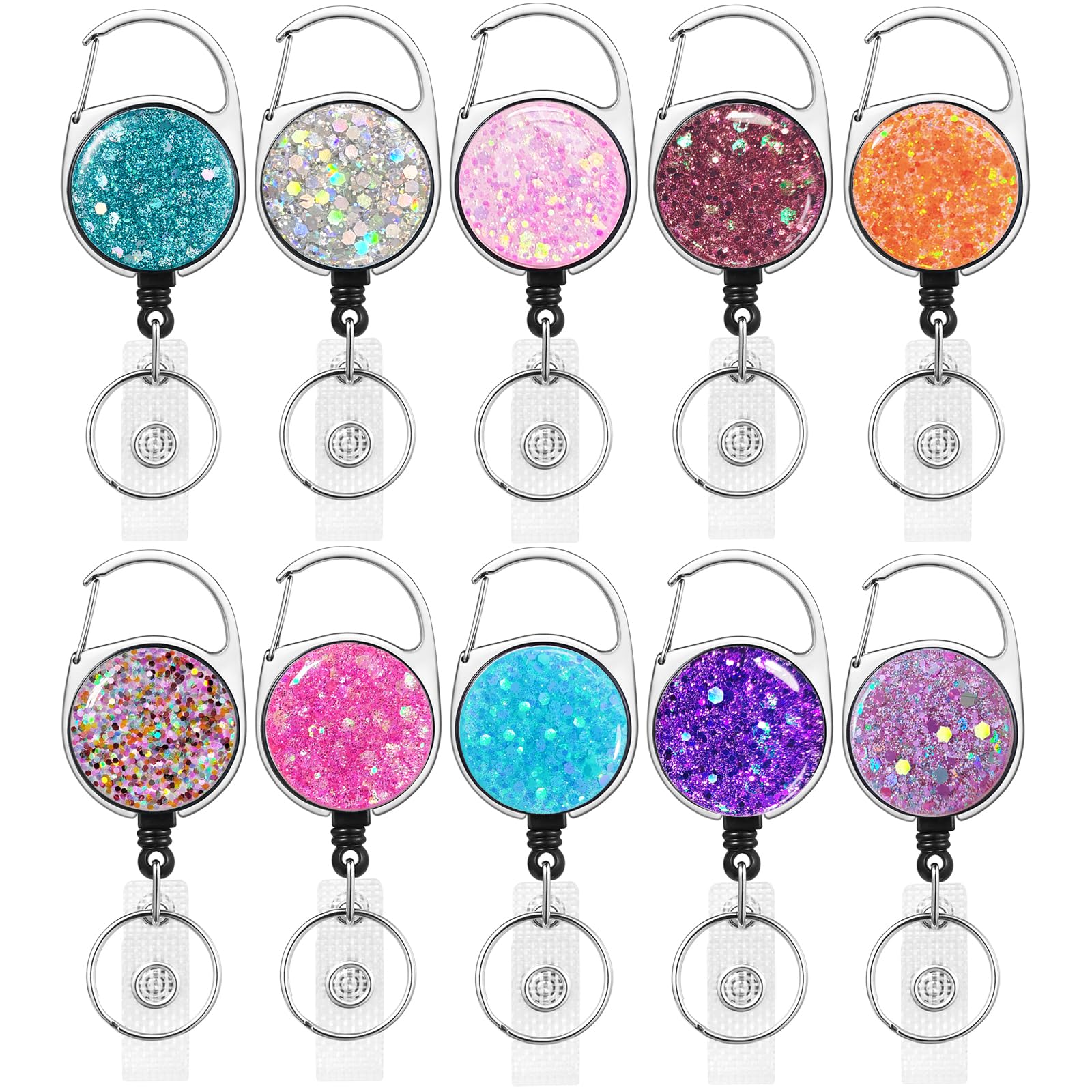 Photo 1 of 10 Pack Retractable Carabiner Badge Holder, FadyRaye Badge Reel with Belt Clip for Nurse Teacher Name Card Keychain [Bling Cute Design 27" Nylon Wire Cord]