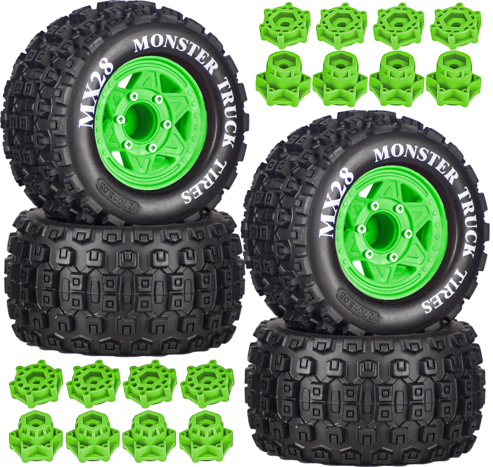 MX28 2.8" Tire and Wheels Pre-Glued All-Terrain MT Tires with 12mm/14mm Hexes - 1/10 Scale RC Car Truck Tires for ARRMA Big Rock, Granite, Senton, Vorteks, Traxxas Slash, Stampede Rustler, Hoss