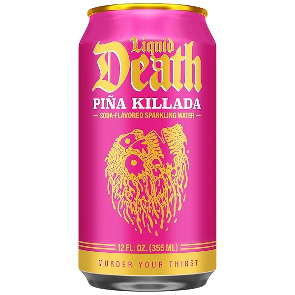LIQUID DEATH SODA-FLAVORED SPARKLING WATER – PIÑA KILLADA (CLASSIC PIÑA COLADA), LESS SUGAR*, HUGE FLAVOR, NO CAFFEINE, NO ARTIFICIAL SWEETENERS, 12 FL OZ (PACK OF 12)
