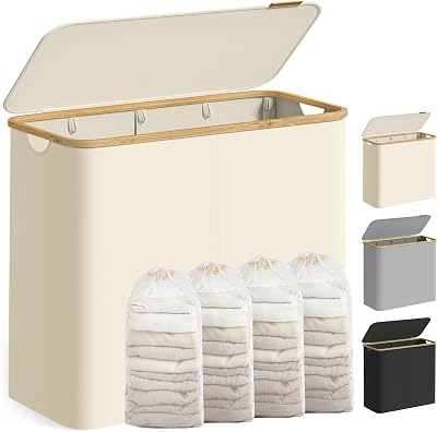 SONGMICS 200 L Laundry Basket with Lid 4 Sections Collapsible Cream White