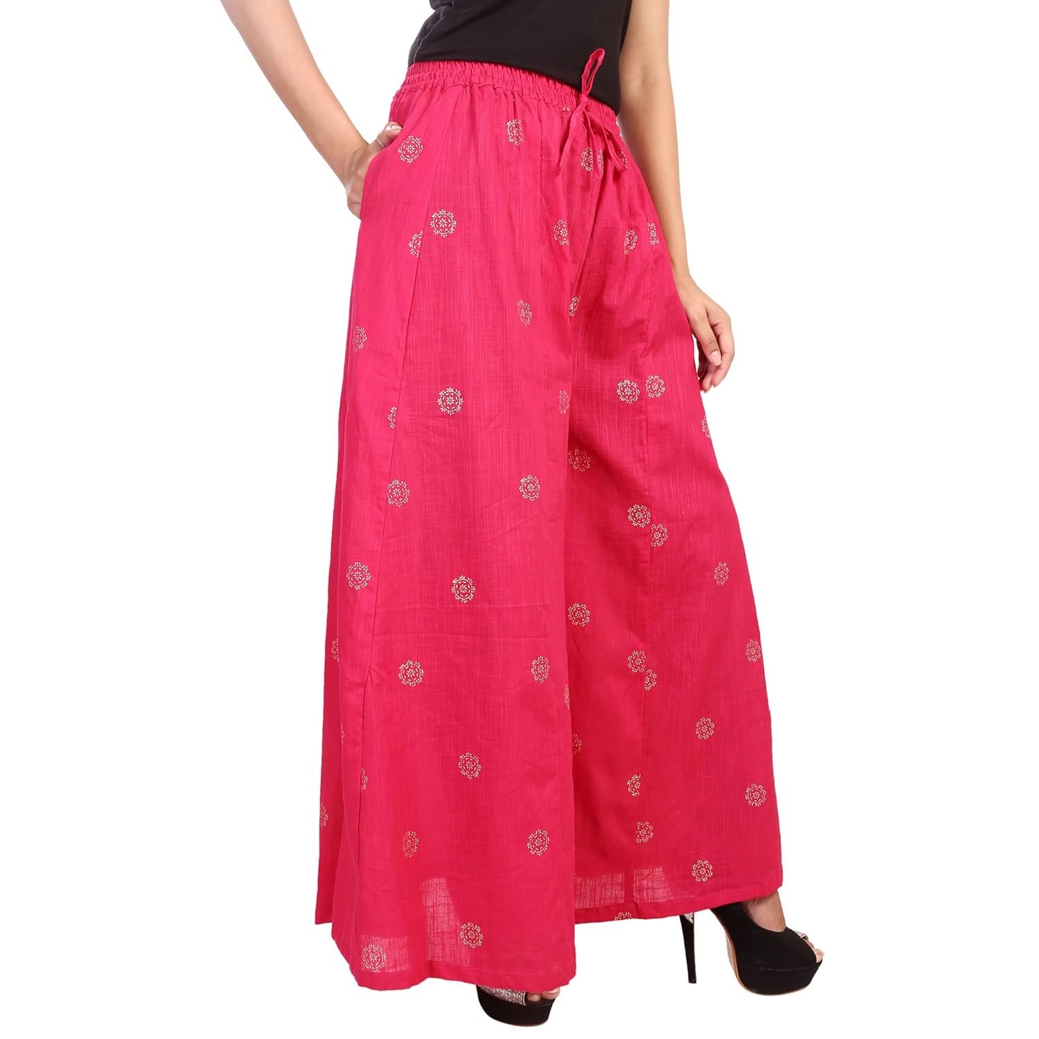 bilochi's women's stylish gold print full flair multi coloured plazo black