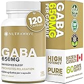 Nutrawave HIGHEST POTENCY 650mg GABA Supplement (Gamma-Aminobutyric Acid), Natural Stress Reduction, Improved Sleep Aid, Anxi