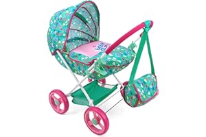 Baby Alive: Deluxe Classic Doll Pram - Green, Pink, Hearts - Accessory for Dolls Up to 18", Matching Shoulder Bag, Foldable, Storage, Kids Toy, Age 3+