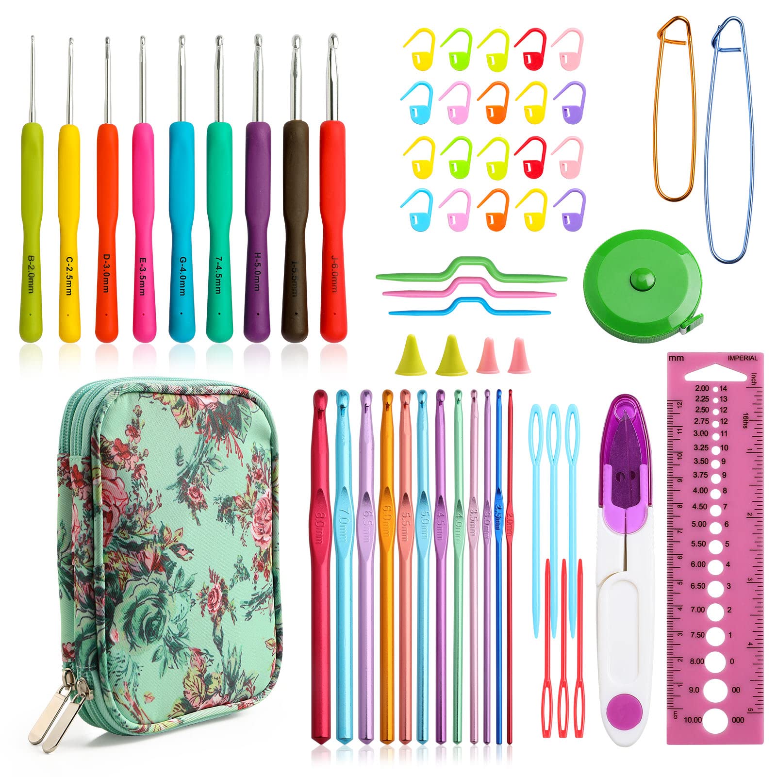 KOKNIT Crochet Hook Set with Storage Box - 9 Soft Grip Ergonomic Crochet Hooks, 12 Colorful Aluminum Yarns, with Crochet Supplies and Accessories