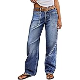 Flamingals Straight Leg Jeans for Women Trendy Mid Rise Stretchy Patch Pocket Baggy Jeans Casual Without Belt