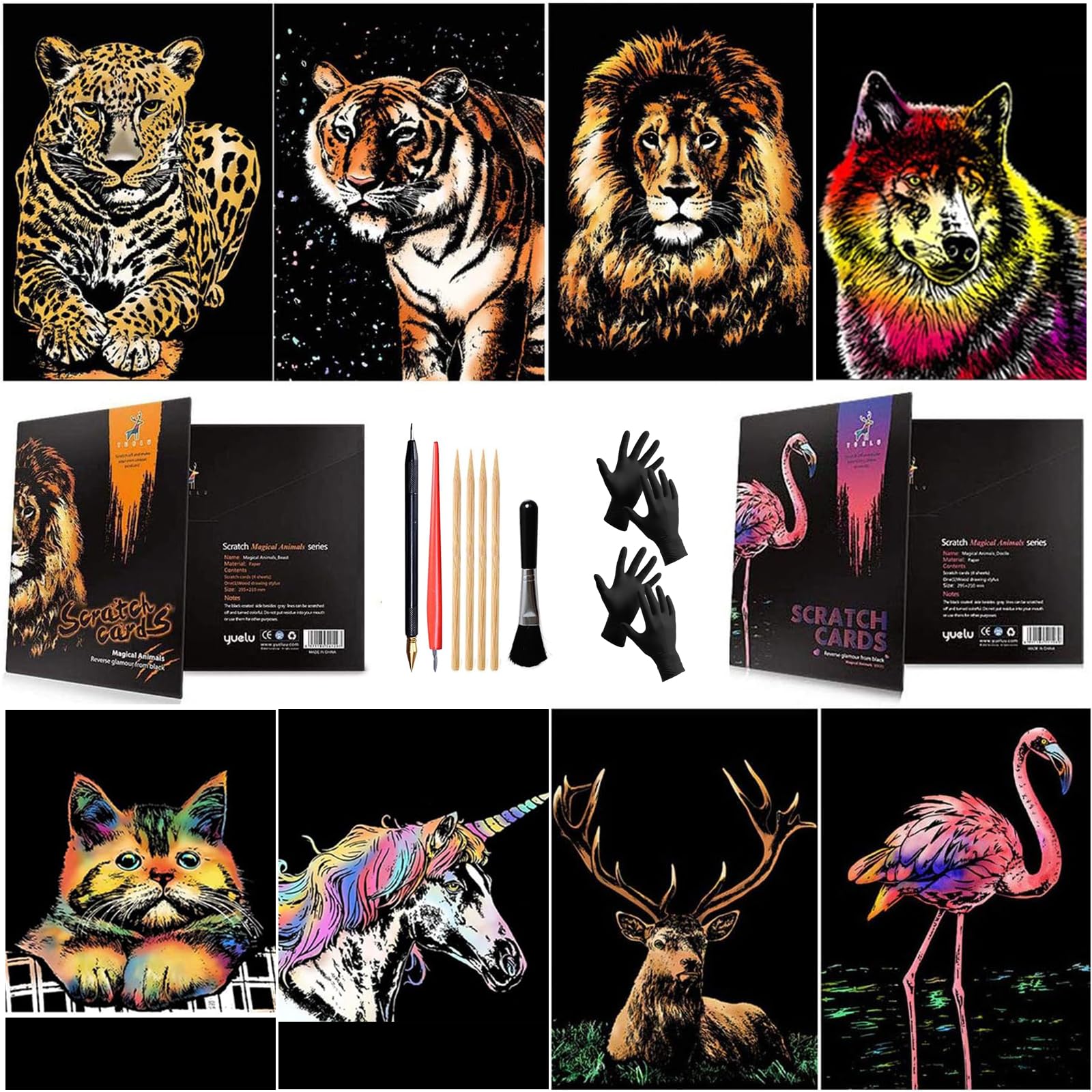 Annickee 8PCS Scratch Art Paper A4, Animals Rainbow Painting Sketch, Animals Art Paper Rainbow Painting, Colorful and Realistic, Scratch Art for Adults, with Drawing Pens, Cleaning Brus and Glove