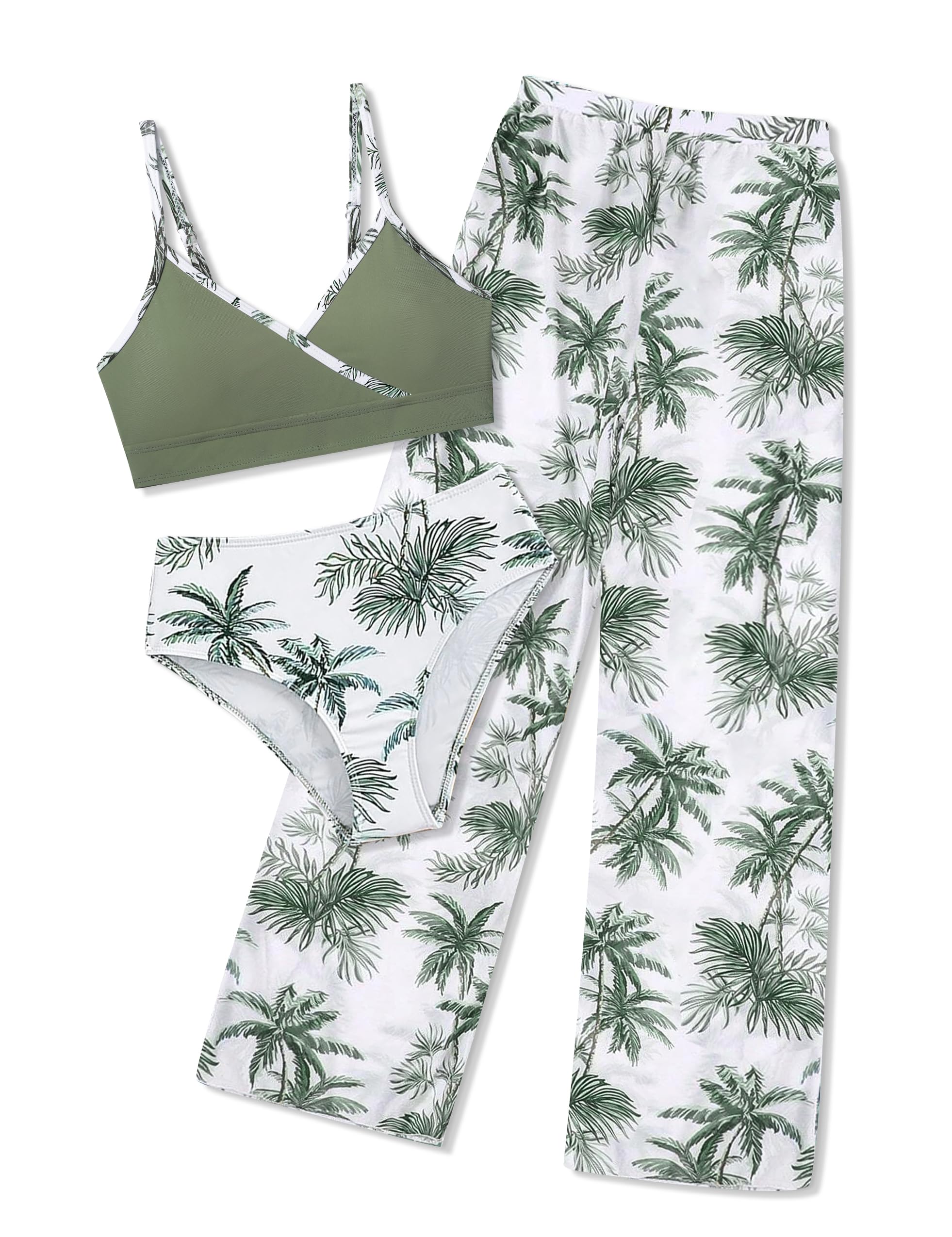 Photo 1 of Oranchids Girls Swimsuits Size 10-12 Girls Bathing Suit 3 Piece Tropical Print V Neck Bikini Set with Cover Up Pants Swimsuits for Teen Girl Bathing Suit Size 10-12 Green Palm