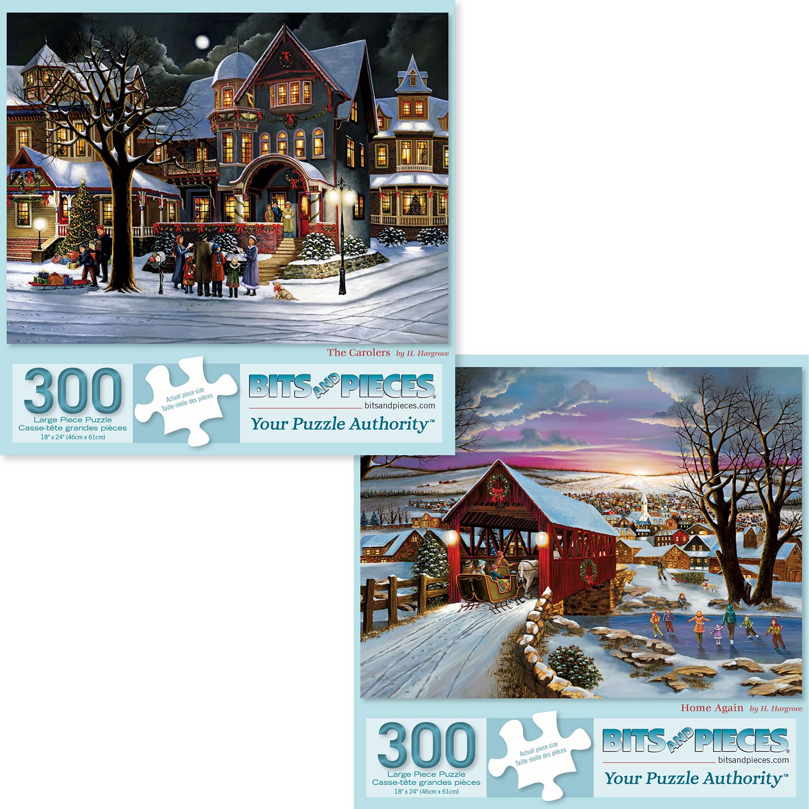 Bits and Pieces - Value Set of Two (2) 300 Piece Jigsaw Puzzles for Adults - Puzzles Measures 46cm x 61cm - 300 pc Home Again, Carolers Christmas Winter Snow Holiday Village by Artist H. Hargrove