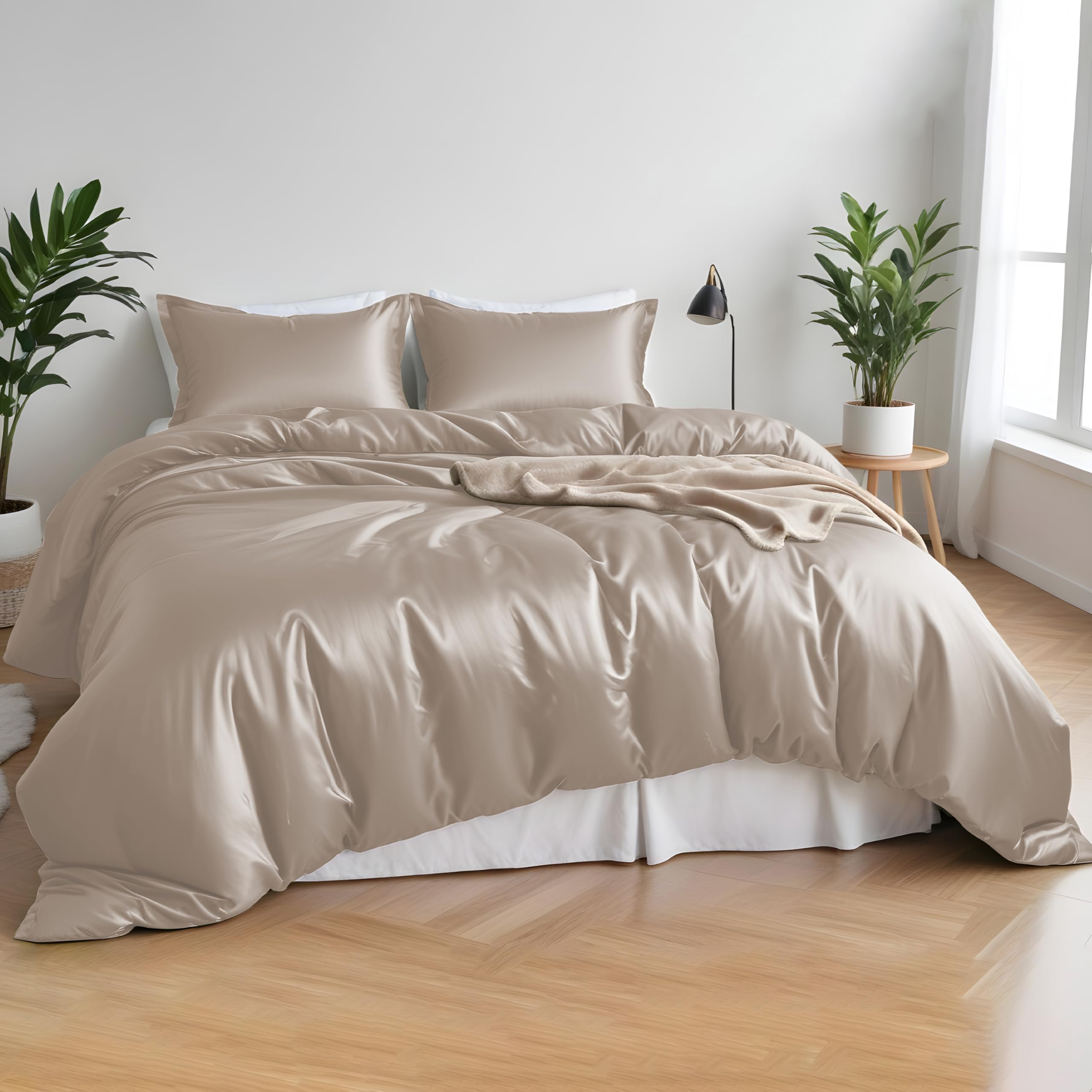 LINENWALAS 100% Organic Bamboo Complete Bedding Set for Super King Size Bed, Soft Cooling Bamboo Silk Bedding Set, 1 Duvet Cover, 1 Fitted Sheet, 2 Pillowcases (Super King, Taupe)