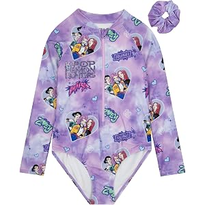 KPop Demon Hunters Girls Bathing Suit, Huntrix One Piece Girls Swimsuit, Kpop Kids Swimsuits with Scrunchie