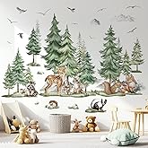 decalmile Large Pine Tree Mountain Wall Decals Woodland Animal Deer Fox Wall Stickers Kids Boys Bedroom Playroom Wall Decor (XL)