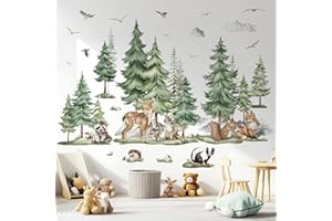 decalmile Large Pine Tree Mountain Wall Decals Woodland Animal Deer Fox Wall Stickers Kids Boys Bedroom Playroom Decor