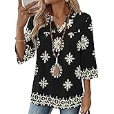 Rapbin Womens 3/4 Sleeve V Neck Floral Print Pleated Blouses for Women Dressy Casual Loose Fit Tops