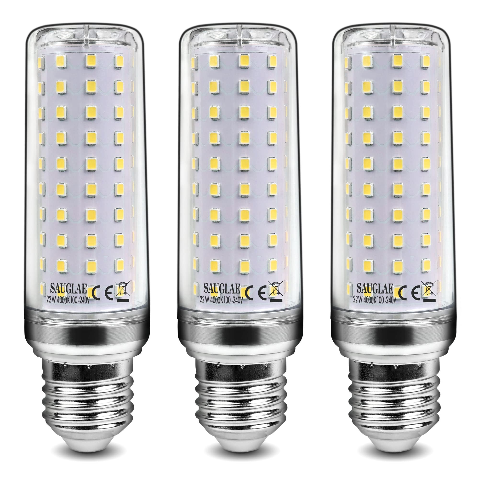 SAUGLAE 22W LED Light Bulbs, 180W Incandescent Bulbs Equivalent, E27 Large Edison Screw, 2500Lm, 4000K Natural White, Pack of 3