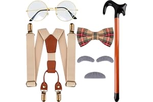 MATINIY 5 PCS 100 Days of School Old Man Costume Include Glasses Suspenders Bow Tie Cane Mustache for Grandpa Dress Up
