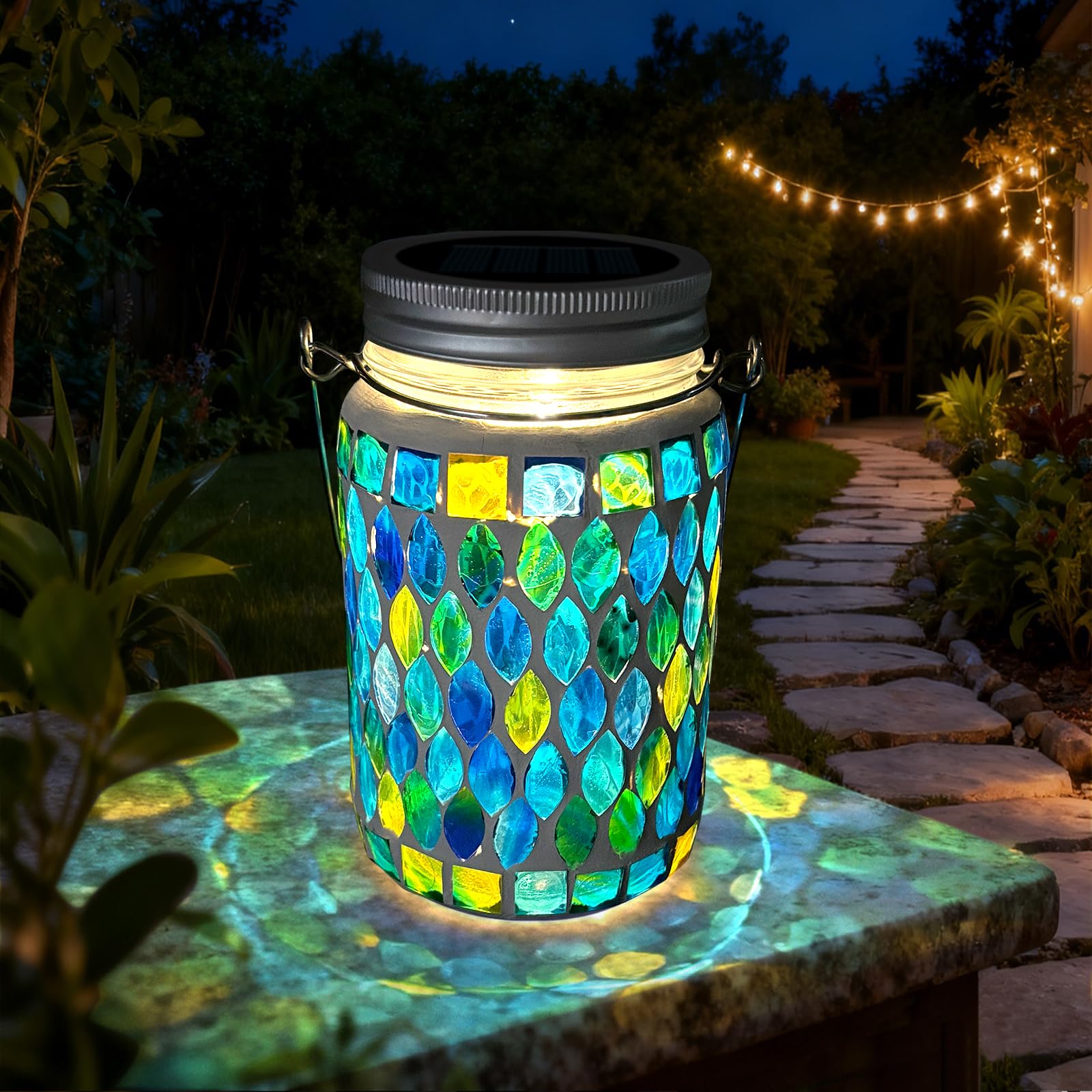TOTHDATE 1PCS Mosaic Solar Lights Outdoor Garden, On/Off Glass Hanging Solar Mosaic Lanterns Lights IP65 Waterproof for Table Lawn Path Courtyard Deck Fence, Blue Mosaic Glass